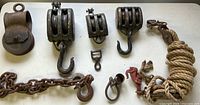 Overall view of pulleys, chain, rope and hardware