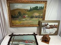 Overall lot: three framed barn paintings and wooden barn music box
