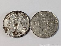 Obverse view of both coins showing 1944 Victory nickel left, 1921 five-cent right
