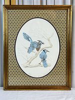 Full framed print showing two blue jays, mat and frame