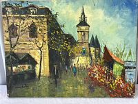 full view of signed oil on canvas urban street scene painting