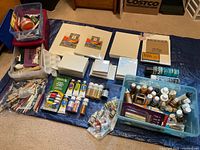 Overview of all canvases, paints, brushes and storage bins