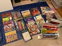 Overall view of books, magazines, and two white plastic holders on blue tarp