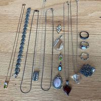 Full layout of necklaces, chains, bracelet, pendants, rings, brooch