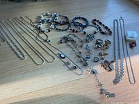 Full layout of necklaces, bracelets, rings, pendants, earrings, pins and charm