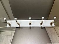 Front view of white wall rack showing 5 double hooks with white knob tips