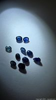 Group of nine loose blue sapphires under spotlight
