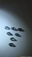 Seven marquise blue sapphires arranged on light background
