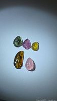 Five carved leaf-cut multicolored tourmaline stones on white background