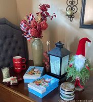 Overall shot of all Christmas decor items on tabletop