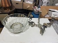 Overall lot showing glass bowl with metal base and swan-form candlestick holder