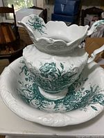 Pitcher resting inside matching basin showing overall set and pattern
