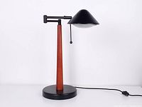 Full view of lamp showing wood column, black base, adjustable arm and shade