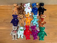 All 15 Ty Beanie Baby bears arranged on wooden floor