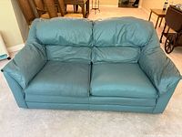 Front view of teal leather loveseat showing seat and back cushions