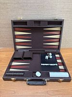 Open backgammon case displaying board, accessories, handle and latches visible
