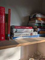 shelf with several hardcover and paperback books visible