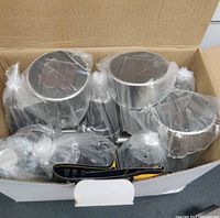 Box containing sealed solar lights showing stainless steel tops in plastic sleeves