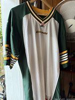 Full front view of jersey hanging to show overall design and colours