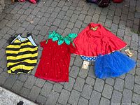 Overall view of the three adult costumes laid out: bee, strawberry, Wonder Woman pieces