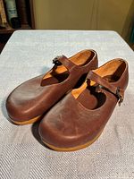 Full view of both shoes showing leather uppers, strap, and soles