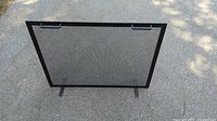 Front view of black metal mesh fireplace screen on pavement
