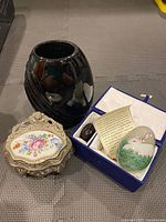 All three items: black glass vase, trinket box, presentation box with egg