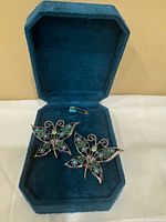 Both butterfly brooches in blue presentation box