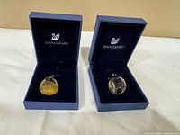Both pendants in their Swaeqaski boxes on white surface