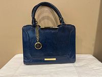 Front view of Anne Klein blue snake print purse with charm and logo plate visible