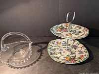 Clear glass basket candy dish and assembled floral two-tier server