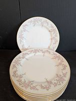 Stack of eight matching floral dinner plates showing front decoration