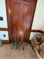 Full group of nine fishing rods leaning against door