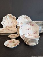 Group of porcelain plates, bowls and platters with pink floral pattern