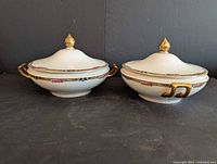 Two covered porcelain soup tureens showing exterior design, handles and finials