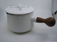 Side view of pot with lid and teak handle