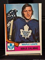 Front of Borje Salming rookie card showing player image, team logo, card design