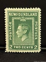 Front of green 2-cent Newfoundland stamp showing King George VI portrait, perforations visible