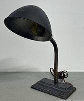 Complete view of lamp showing base, gooseneck and shade