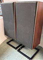 Front angled view of both speakers on stands