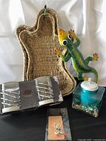 Full lot: ghost baskets, gecko decor, skeleton hand glasses set, glass tiki torch, earrings