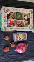 Full lot: ornament box, Stan’ka boxed figure, three wooden eggs, large pink teardrop ornament