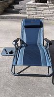 Full view of blue Timber Ridge zero gravity chair showing side tray