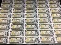 Full view of obverse side of uncut sheet showing 40 banknotes