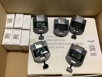 Box with five loose LiteWatch solar lights and several boxed units