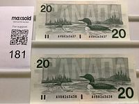 Reverse view of both $20 notes showing loon scene and serial numbers