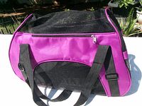 Left side view showing magenta body, black mesh top, zip pocket, and handles