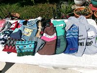 Overview of all dog clothing laid out on table