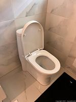Front angled view of the toilet showing tank, seat and lid