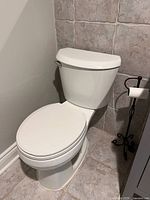Full view of toilet showing tank, bowl, seat and flush lever